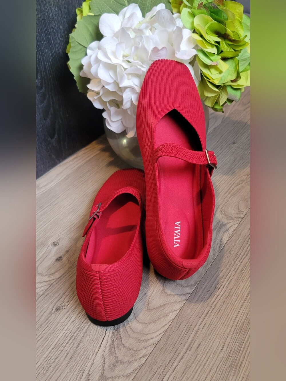 Vivaia Margot Mary Jane Buckle Square-Toe V-Cut Ruby Red Flats, US 9.5 EU 41 - Picture 2 of 16